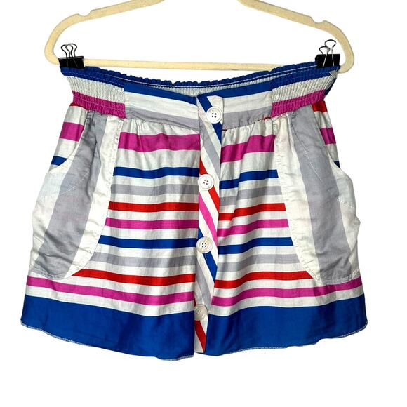 Nautical Blue Pink White Gray Stripe Button Front Patch Pockets Mini Skirt Small - Picture 1 of 10